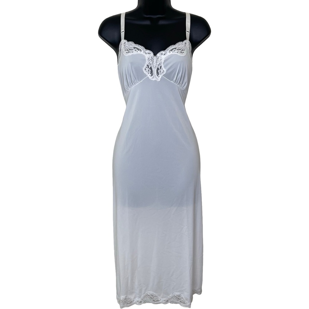 Shadowline White Nylon Floral Lace‎ Trim Slip Dress 34 Vintage Lingerie Bridal